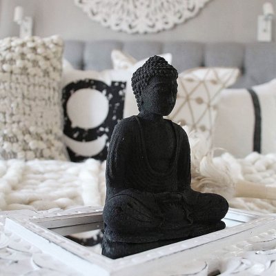 Buddha sten svart, mediterande, sittande