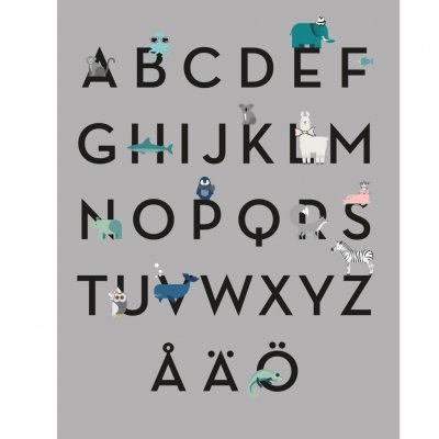 Kids poster, alfabetet, grå, On interiör